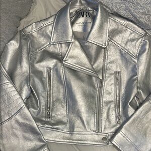 Zara Metallic Silver Leather Jacket